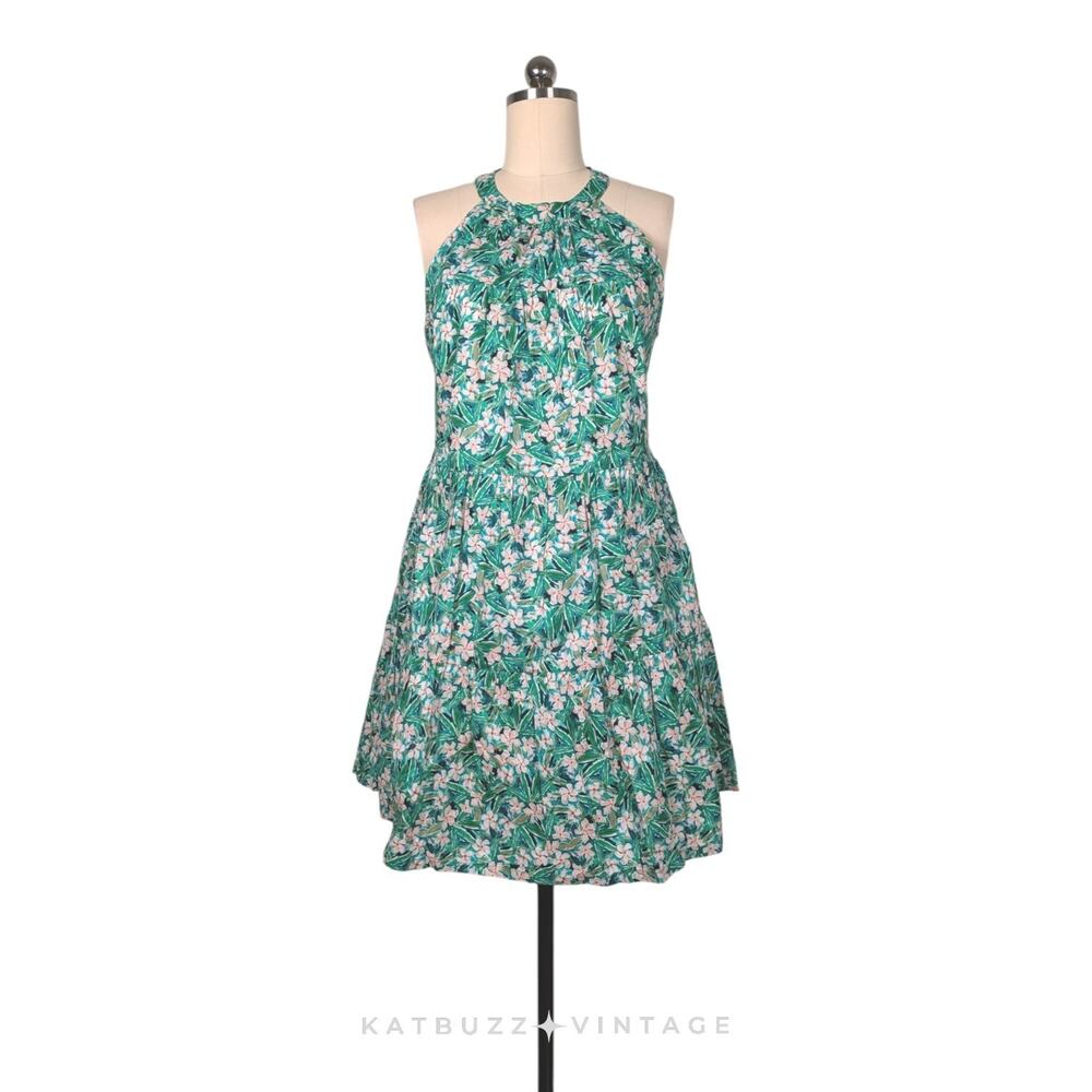 Floral Mini Dress L Green Tiered Church Vacation Preppy Sundress Ruffle Colorful